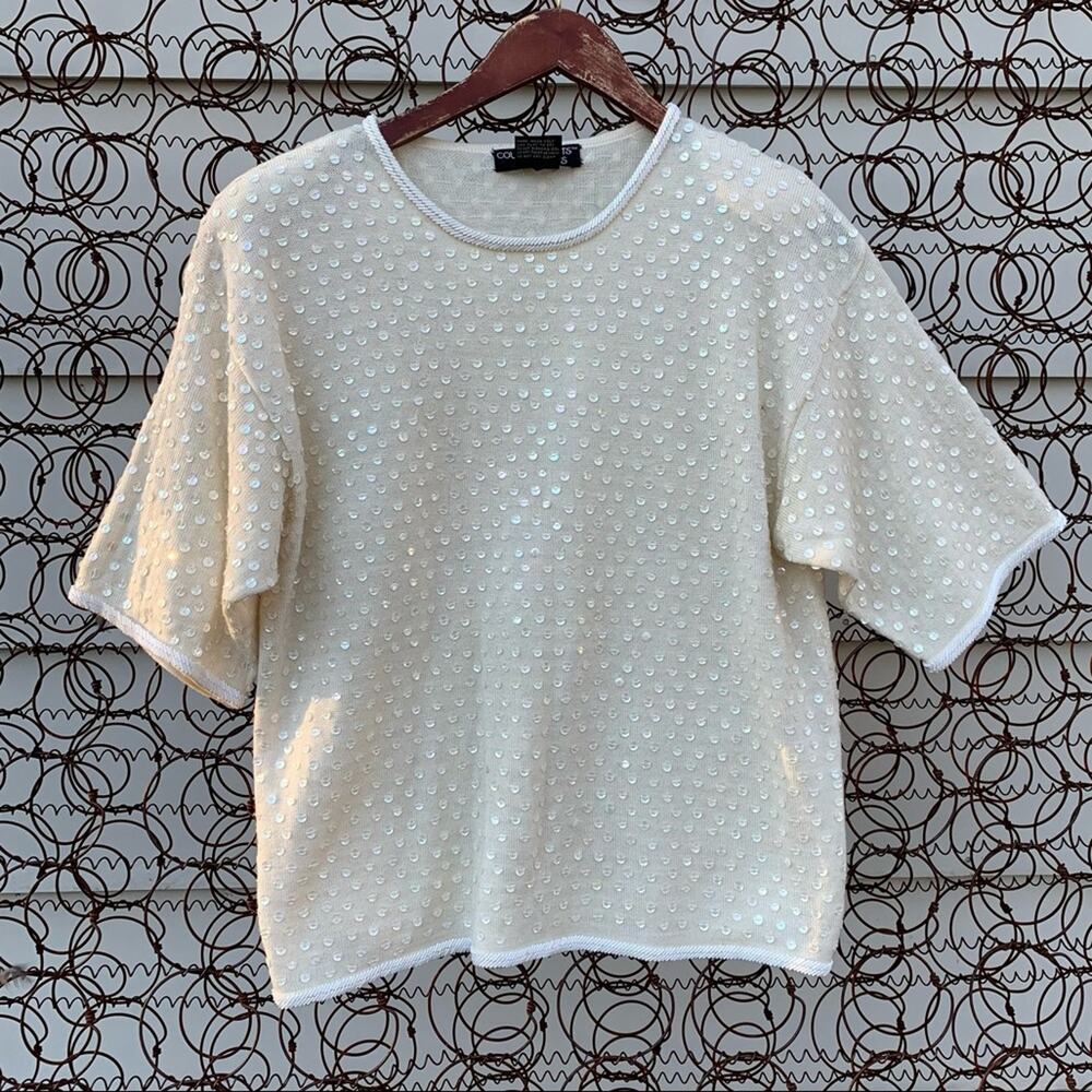 Vintage 90s cream coquette sequined knit short sleeve sweater MEDIUM